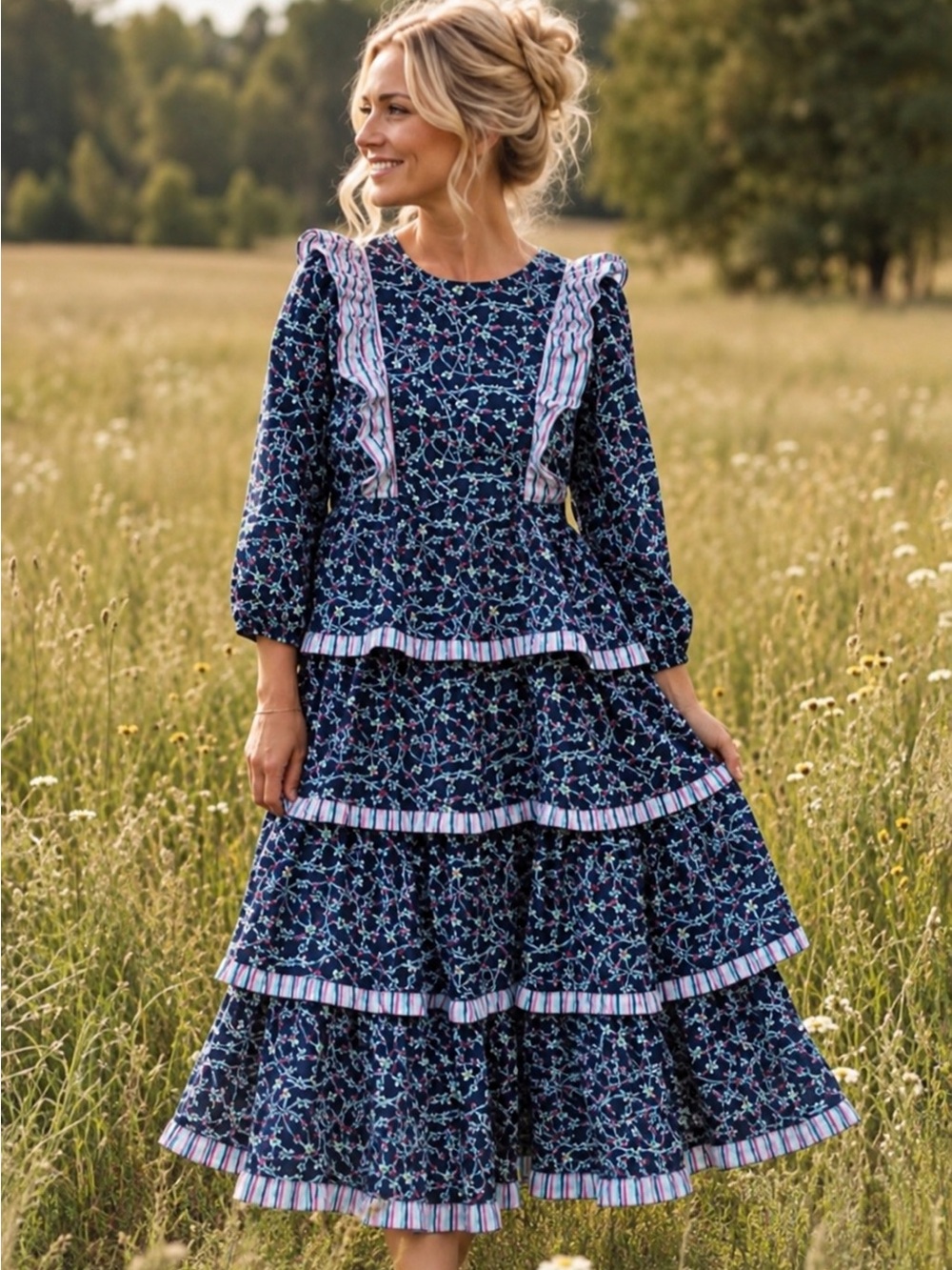 Simply Southern Navy Floral Tiered Dress with Pink & Light Blue Details